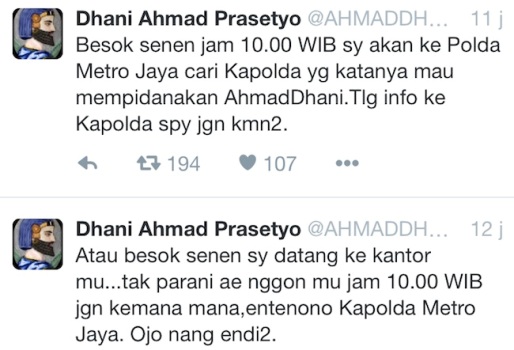 Kicau Akun Twitter Ahmad Dhani ” Tlg info ke Kapolda spy jgn kmn2 “