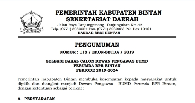 Telah Dibuka Pendaftaran Calon Dewan Pengawas BUMD Perumda BPR Bintan 2019, Ini Syaratnya
