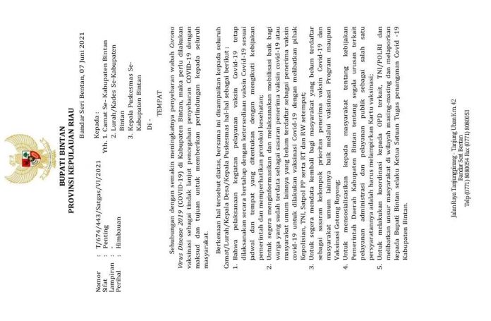 Surat Edaran Bupati Bintan terkait Kartu Vaksinasi
