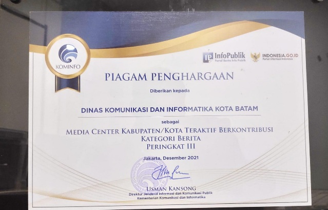 Penghargaan Kemkominfo RI Media Center Batam