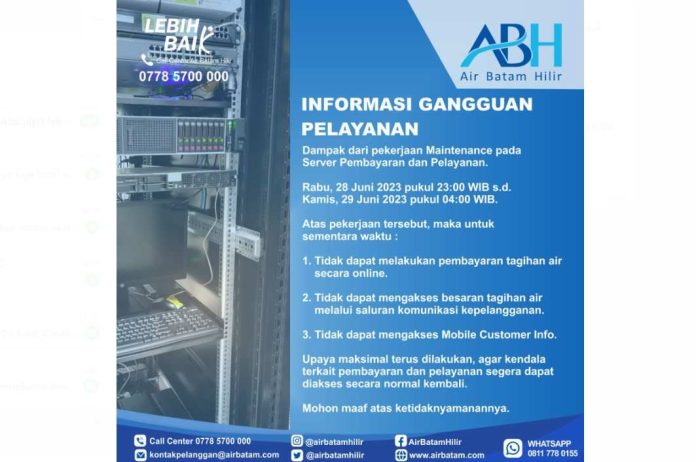 Info Gangguan Pelayanan Server Pembayaran untuk Pelanggan Air Batam Hilir