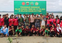 Geo Politik Pertahanan Negara, Ratusan Bibit Rhizophora Apiculata Di Benamkan Satgas TMMD dan Pelajar