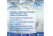 Info Kebocoran Pipa di Jalur Kepri Mall dan Berikut Area Terdampak Gangguan Air Informasi Kebocoran Pipa Air lagi di Kepri Mall
