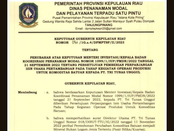 Klarifikasi DPMPTSP: PT. TTU Beroperasi Sesuai Aturan