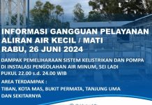 Info Gangguan Air Batam Hilir Dampak Sistem Kelistrikan Pompa Sei Ladi