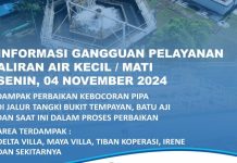 Info Gangguan Suplai Air Dampak Kebocoran Pipa di Jalur Tangki Bukit Tempayan Batuaji Info Gangguan Suplai Air Dampak Kebocoran Pipa di Jalur Tangki Bukit Tempayan Batuaji