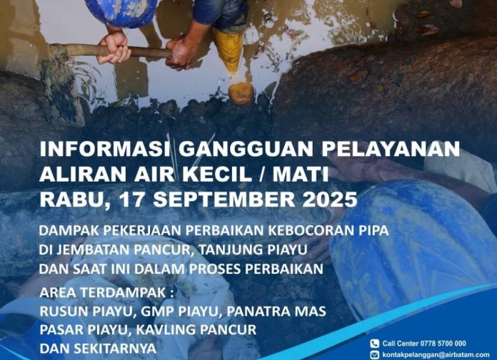 Info Gangguan Air Batam Dampak Perbaikan Kebocoran Pipa di Pancur Tanjung Piayu