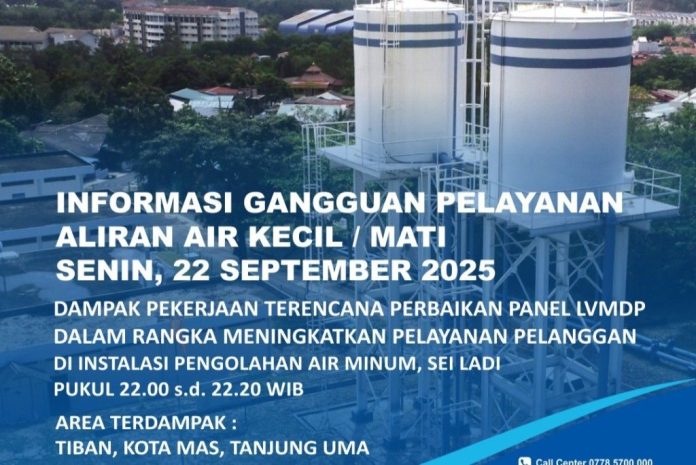 Info Gangguan Suplay Air Senin 22 September 2025 Malam Sei Ladi