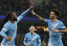 Manchester City Ancam Posisi Arsenal Setelah Menang 3-0 dari Fulham, Haaland Cidera Selebarasi Antoine Semenyo, Nico O'Reilly dan Erling Haaland usai mencetak gol Manchester City ke gawang Fulham. Foto Premier League