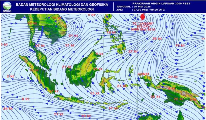 Prakiraan Cuaca 30 Mei – 4 Juni 2026, Siklon Tropis JANGMI Picu Potensi Cuaca Hujan Tinggi Wilayah Timur 