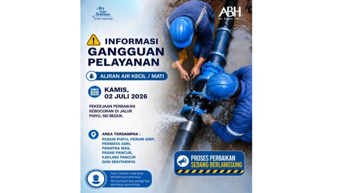 Info Gangguan Air Batam Dampak Perbaikan Pipa di Jalur Piayu Sei Beduk