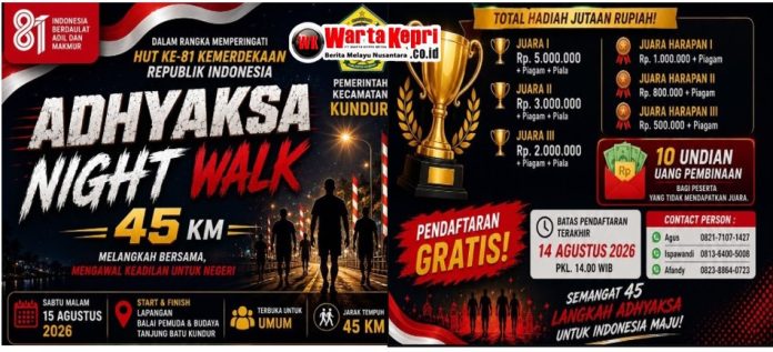 Adhiyaksa Night Walk 45 KM Semarakkan HUT ke-81 RI, Cabjari Tanjung Batu dan Kecamatan Kundur Gelar Adhyaksa Night Walk 45 KM.(Foto: Istimewa)